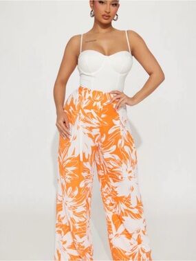 Wide-Leg 💯 Linen Floral Print Pants - cream & Orange, size Medium